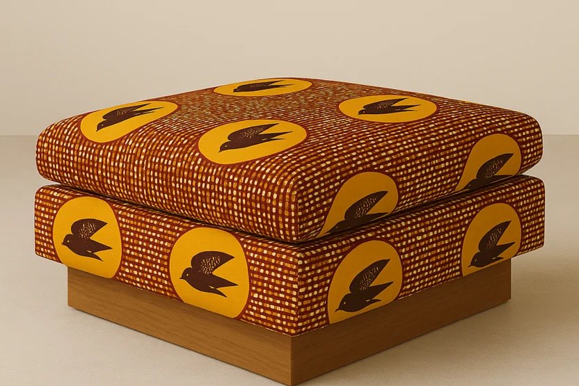 An ottoman upholstered in a sienna and gold print of birds in circles