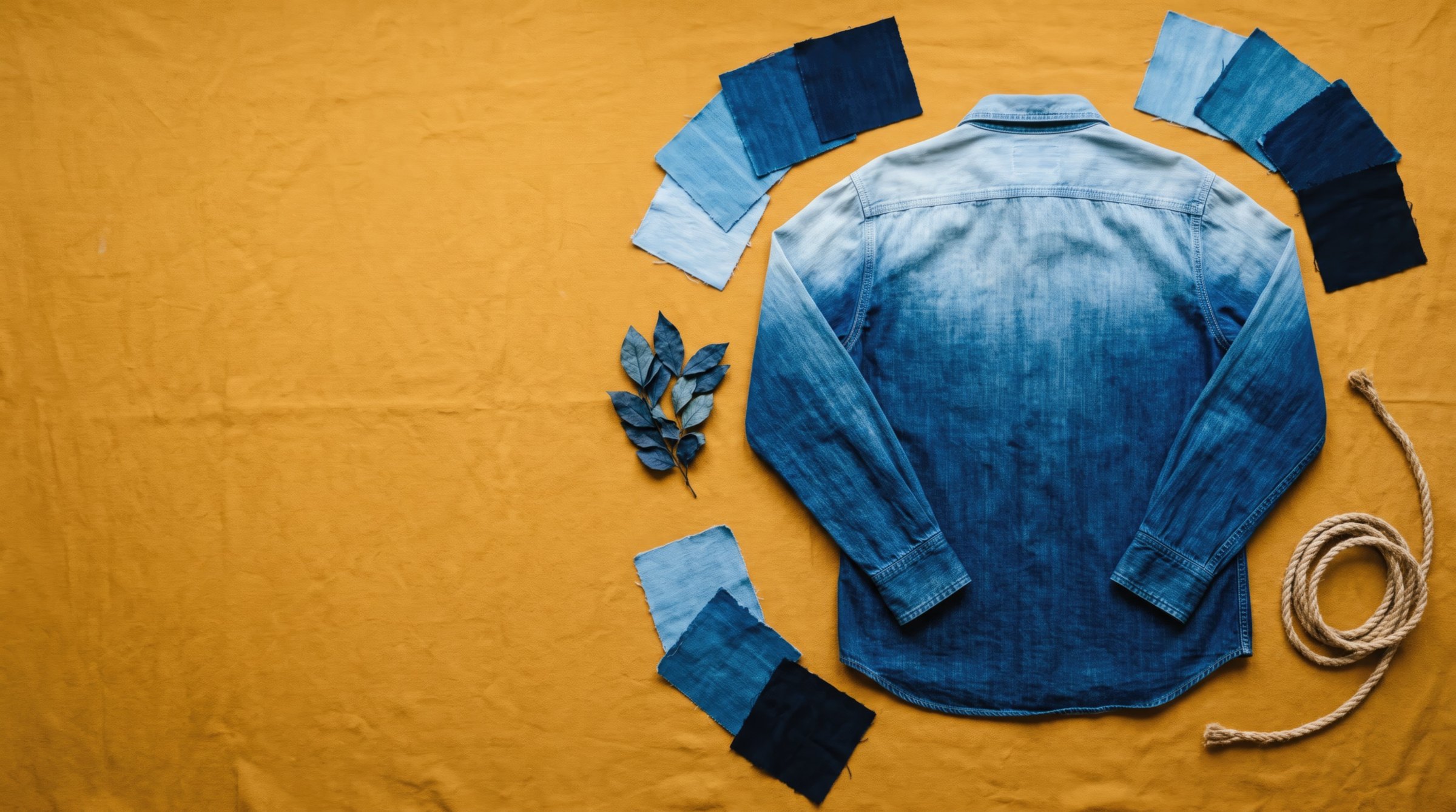 A faded indigo work shirt laid flat on ochre linen beside indigo swatches, leaves and a coil of rope