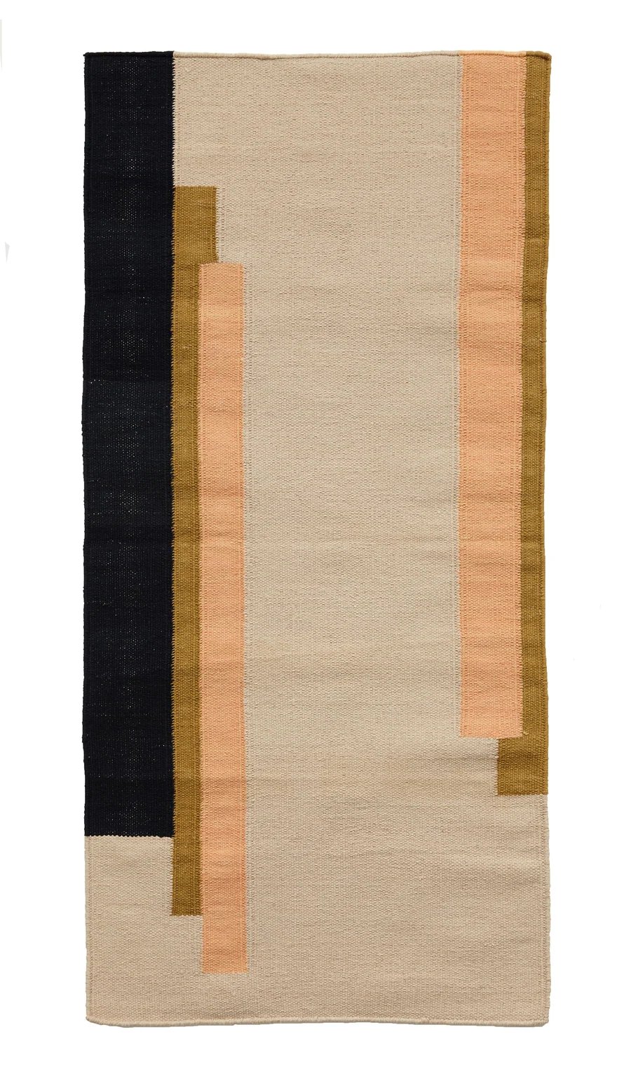A flatweave rug with vertical bands of black, ochre and peach on cream