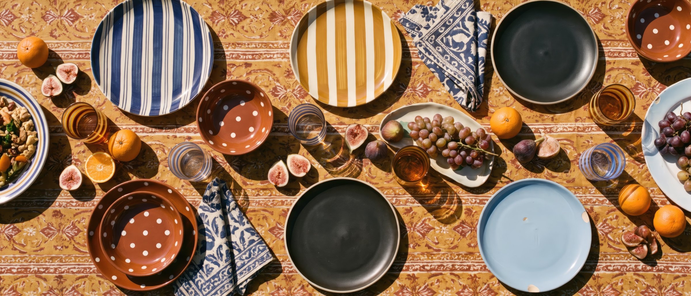 An overhead view of a table set with mismatched striped, dotted and solid plates, figs, oranges and patterned napkins on an ochre cloth